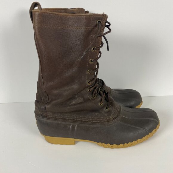 Vintage LL Bean Maine Hunting Shoe Boots Mens 10 M Brown Leather Rubber Duck 12" - Picture 1 of 14